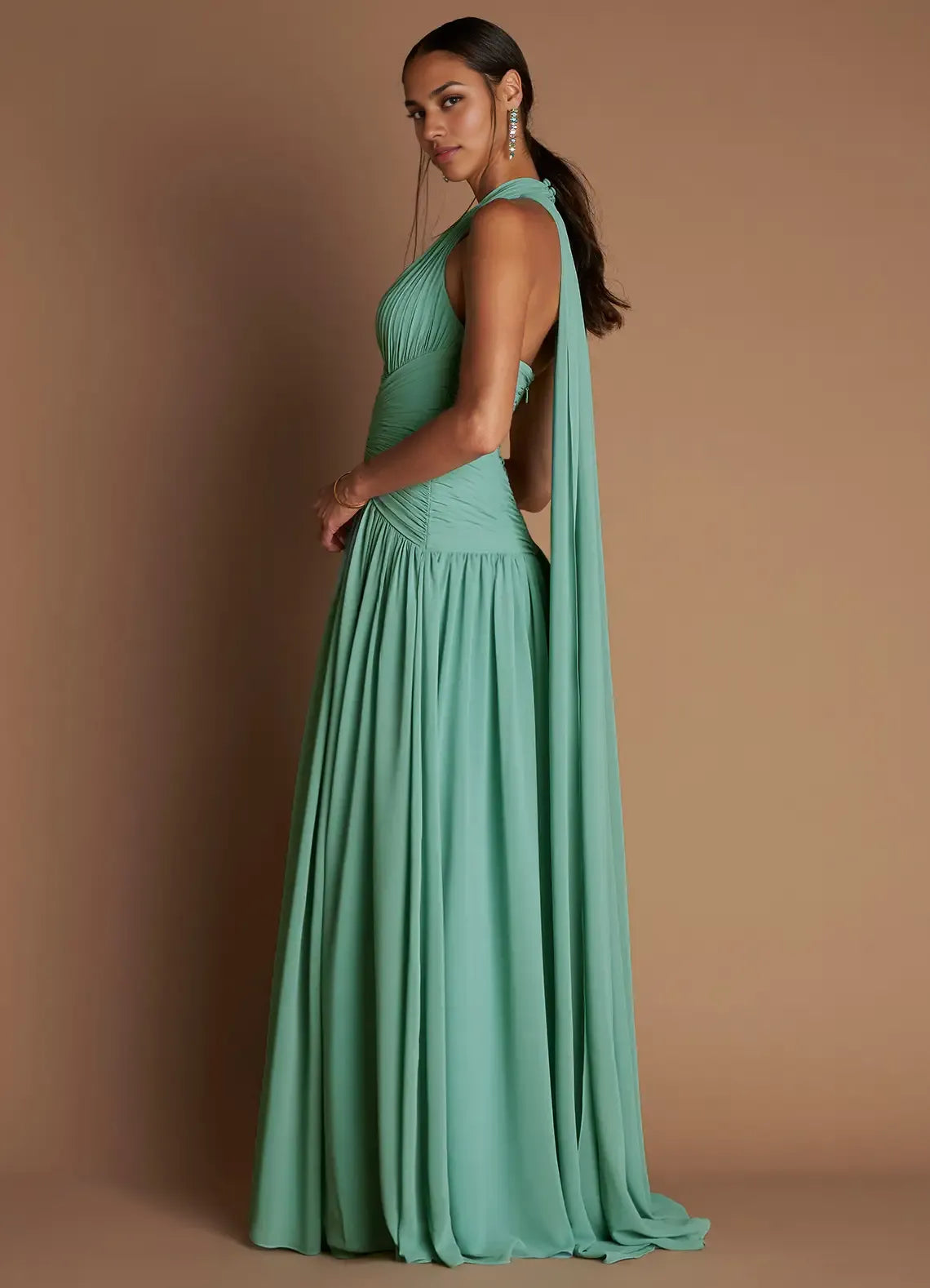 Weitese Dress Halter Elegant Chiffon Maxi Dress Sleeveless A-line Pleated Prom Dress With Flutter Scarf
