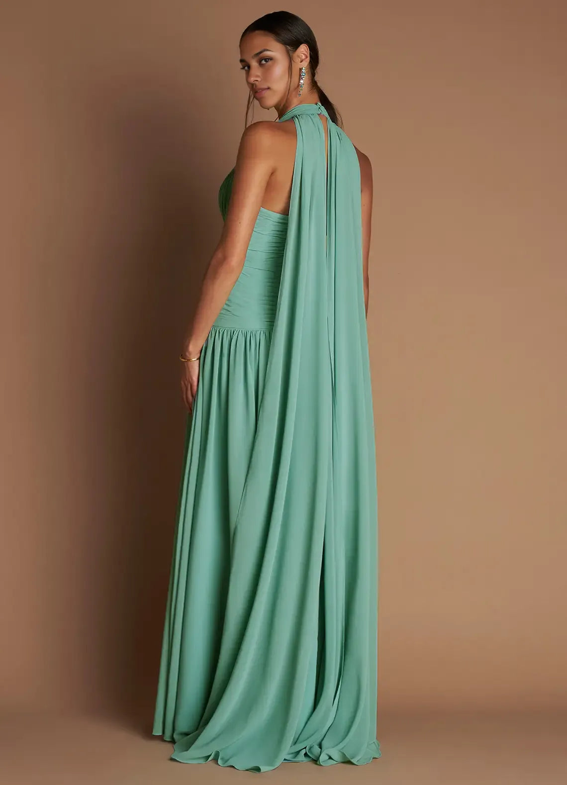 Weitese Dress Halter Elegant Chiffon Maxi Dress Sleeveless A-line Pleated Prom Dress With Flutter Scarf
