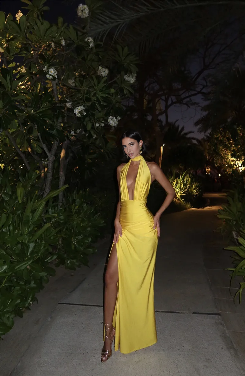 Weitese Dress Halter Neck Off Shoulder Yellow Open Back Party Dress Black Deep V Neck Floor Length Prom Dress
