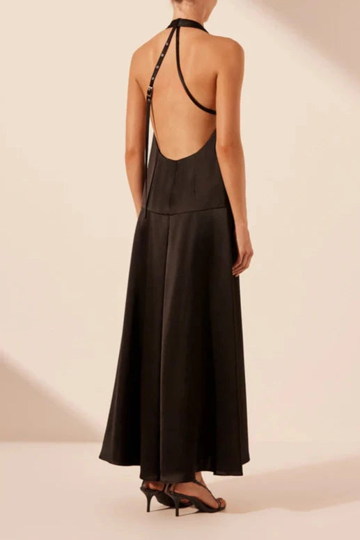 Vestido Weitese con cuello halter, espalda abierta, escote en V, corte A, largo hasta el suelo, negro, para fiesta y noche. 