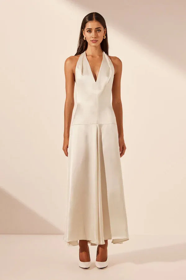 Vestido Weitese con cuello halter, espalda abierta, escote en V, corte A, largo hasta el suelo, vestido de fiesta con perlas, vestido de noche 