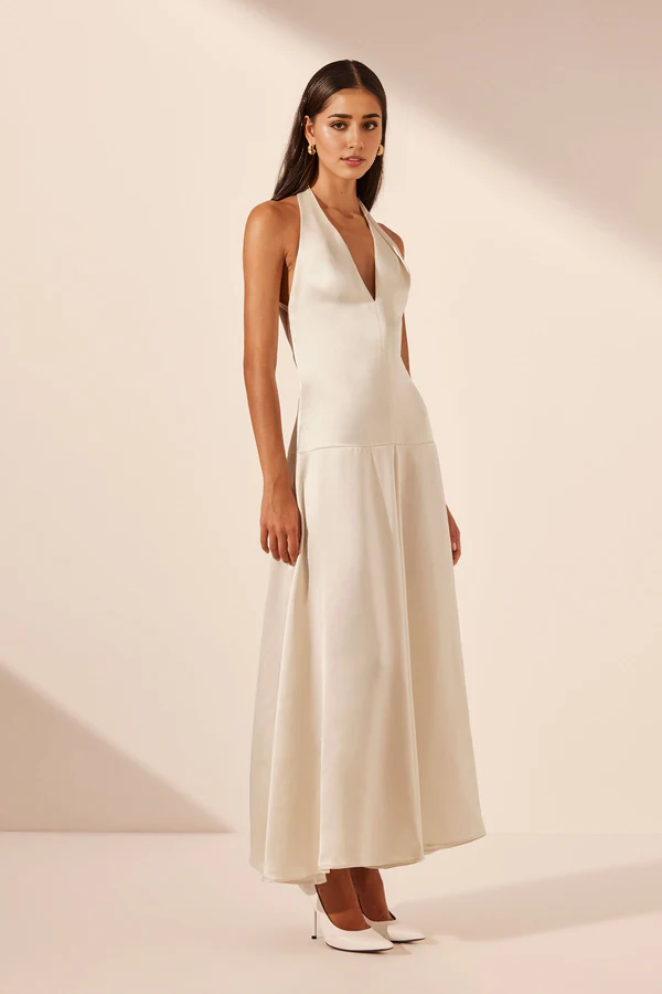 Weitese Dress Halter Open Back V Neck A-line Maxi Dress Pearl Floor Length Party Dress Evening Dress