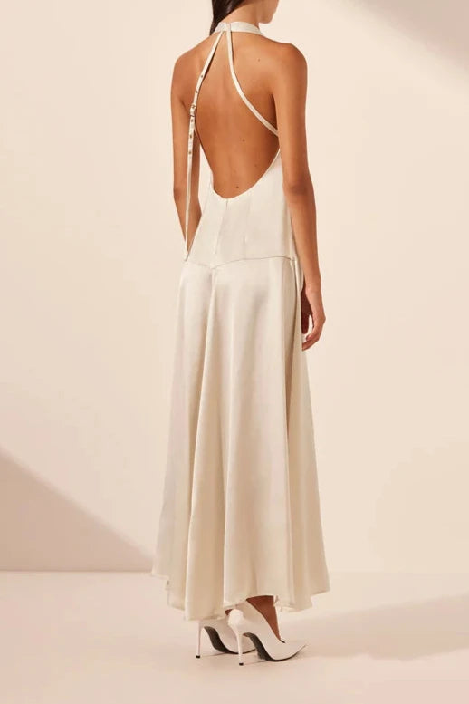 Vestido Weitese con cuello halter, espalda abierta, escote en V, corte A, largo hasta el suelo, vestido de fiesta con perlas, vestido de noche 