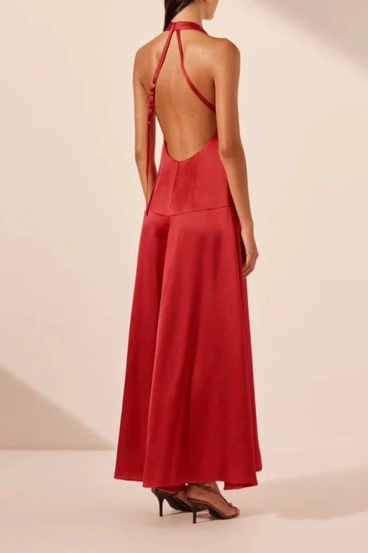 Vestido Weitese con cuello halter, espalda abierta, escote en V, corte A, largo hasta el suelo, vestido de fiesta rojo, vestido de noche 