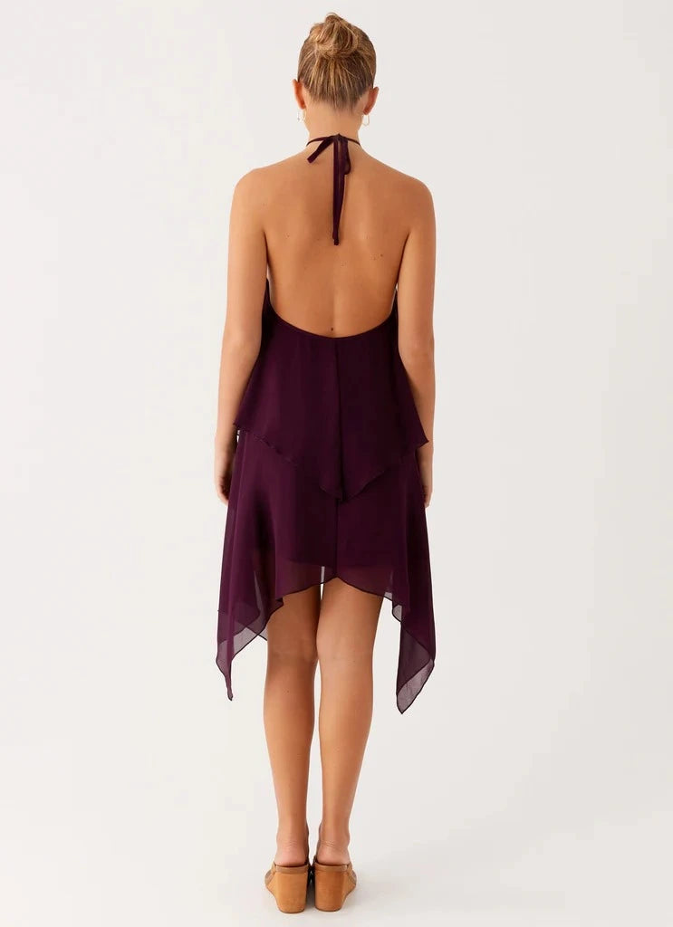 Weitese Dress Halter Sleeveless V Neck Mini Dress Sexy Backless Asymmetrical Hem Short Homecoming Dress