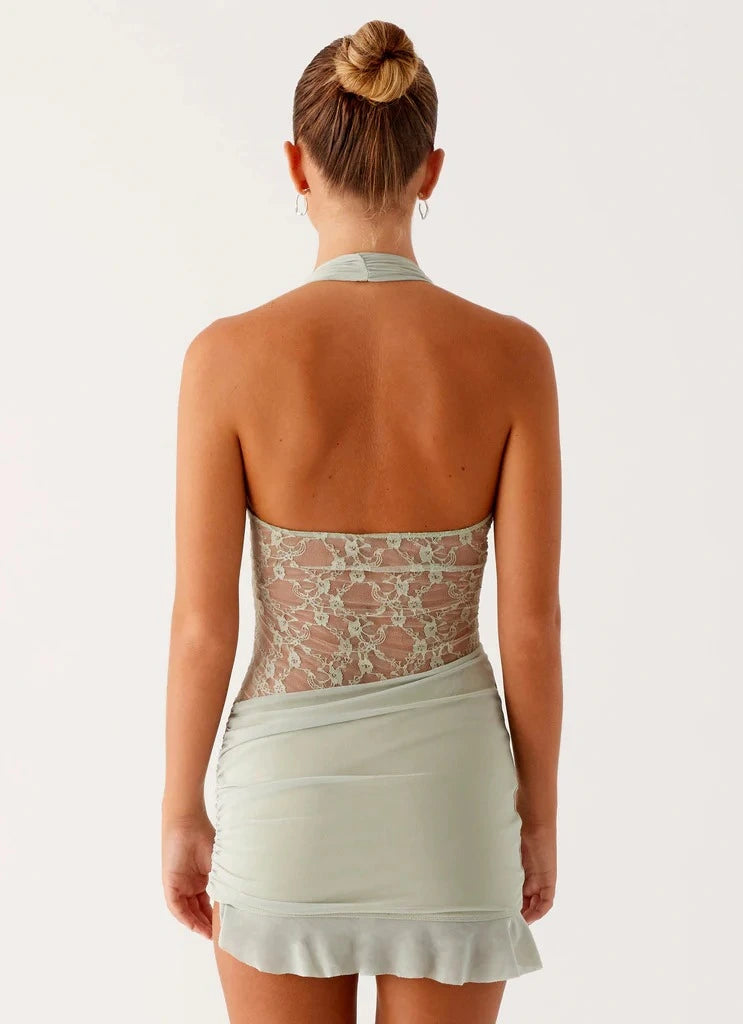 Weitese Dress Halter Sleeveless V Neck Mini Dress Sexy Backless Floral Lace Short Homecoming Dress