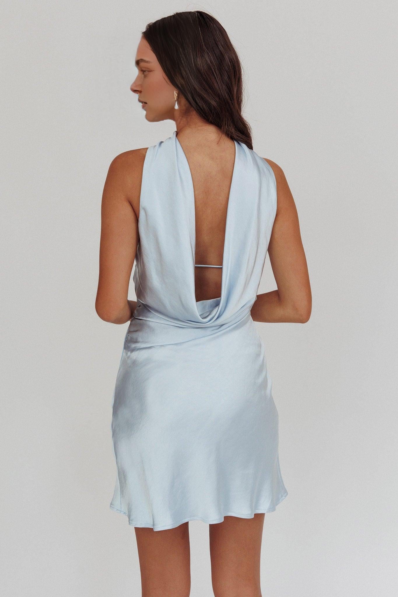 Weitese Dress Halter Satin Strapless Sleeveless Mini Dress Blue V Back Homecoming Dress