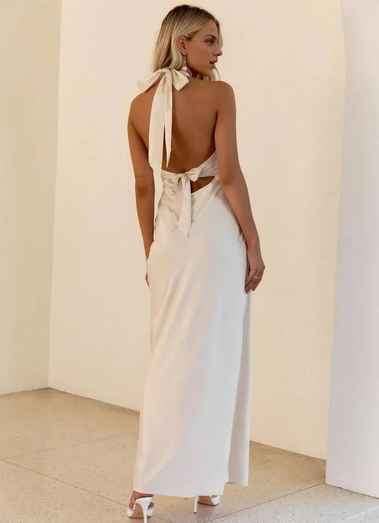 Vestido Weitese con cuello halter en V, sin mangas, elegante, sexy, sin espalda, largo hasta el suelo, vestido de fiesta 