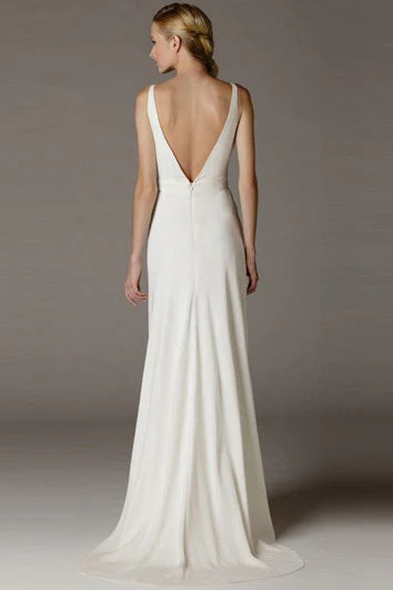 Weitese Dress High-Low V-Neck Ruched Draped Chiffon Bride Dress With Brush Train And V Back Wedding Dress