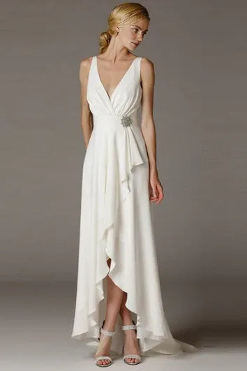 Weitese Dress High-Low V-Neck Ruched Draped Chiffon Bride Dress With Brush Train And V Back Wedding Dress
