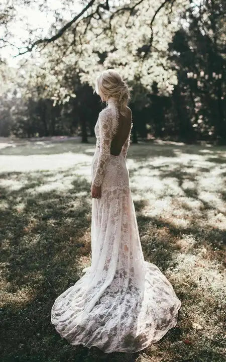 Weitese Dress High-neck Sheer Lace Backless Long Sleeve Bride Dress With Sweep Train Wedding Dress