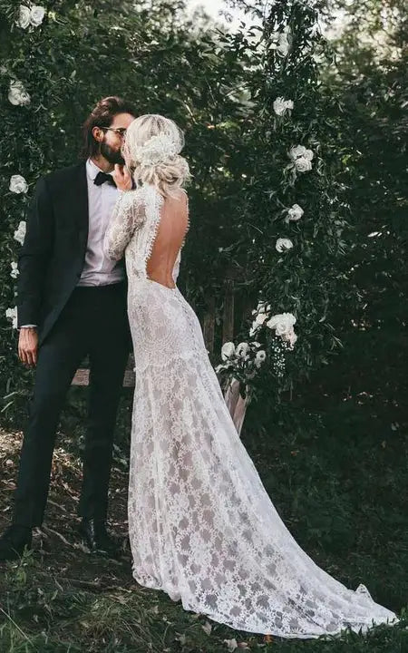 Weitese Dress High-neck Sheer Lace Backless Long Sleeve Bride Dress With Sweep Train Wedding Dress