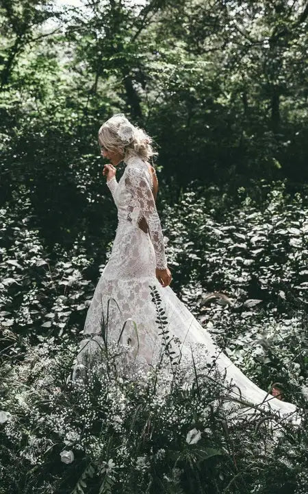 Weitese Dress High-neck Sheer Lace Backless Long Sleeve Bride Dress With Sweep Train Wedding Dress