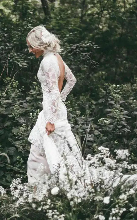 Weitese Dress High-neck Sheer Lace Backless Long Sleeve Bride Dress With Sweep Train Wedding Dress