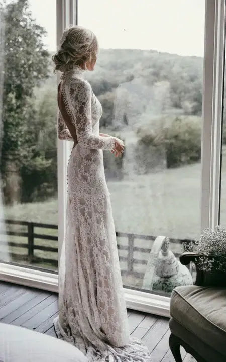Weitese Dress High-neck Sheer Lace Backless Long Sleeve Bride Dress With Sweep Train Wedding Dress