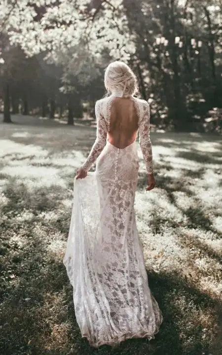 Weitese Dress High-neck Sheer Lace Backless Long Sleeve Bride Dress With Sweep Train Wedding Dress
