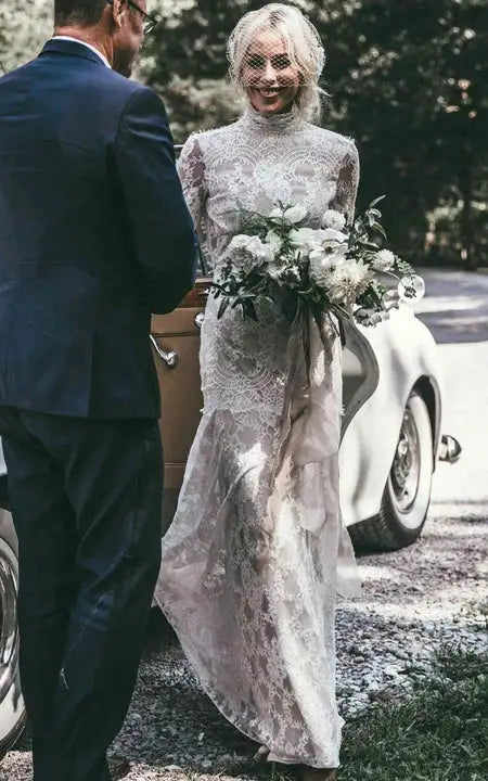Weitese Dress High-neck Sheer Lace Backless Long Sleeve Bride Dress With Sweep Train Wedding Dress