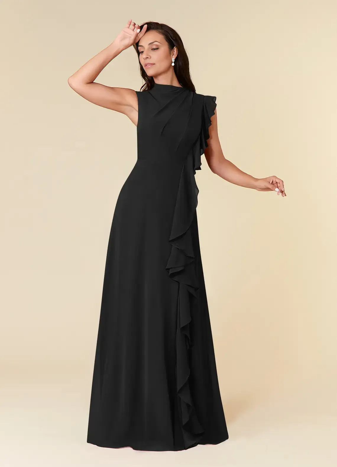 Robe Weitese noire à col haut en mousseline plissée, coupe trapèze, robe de soirée classique sans manches à volants en cascade, grande taille, pour mère de la mariée 