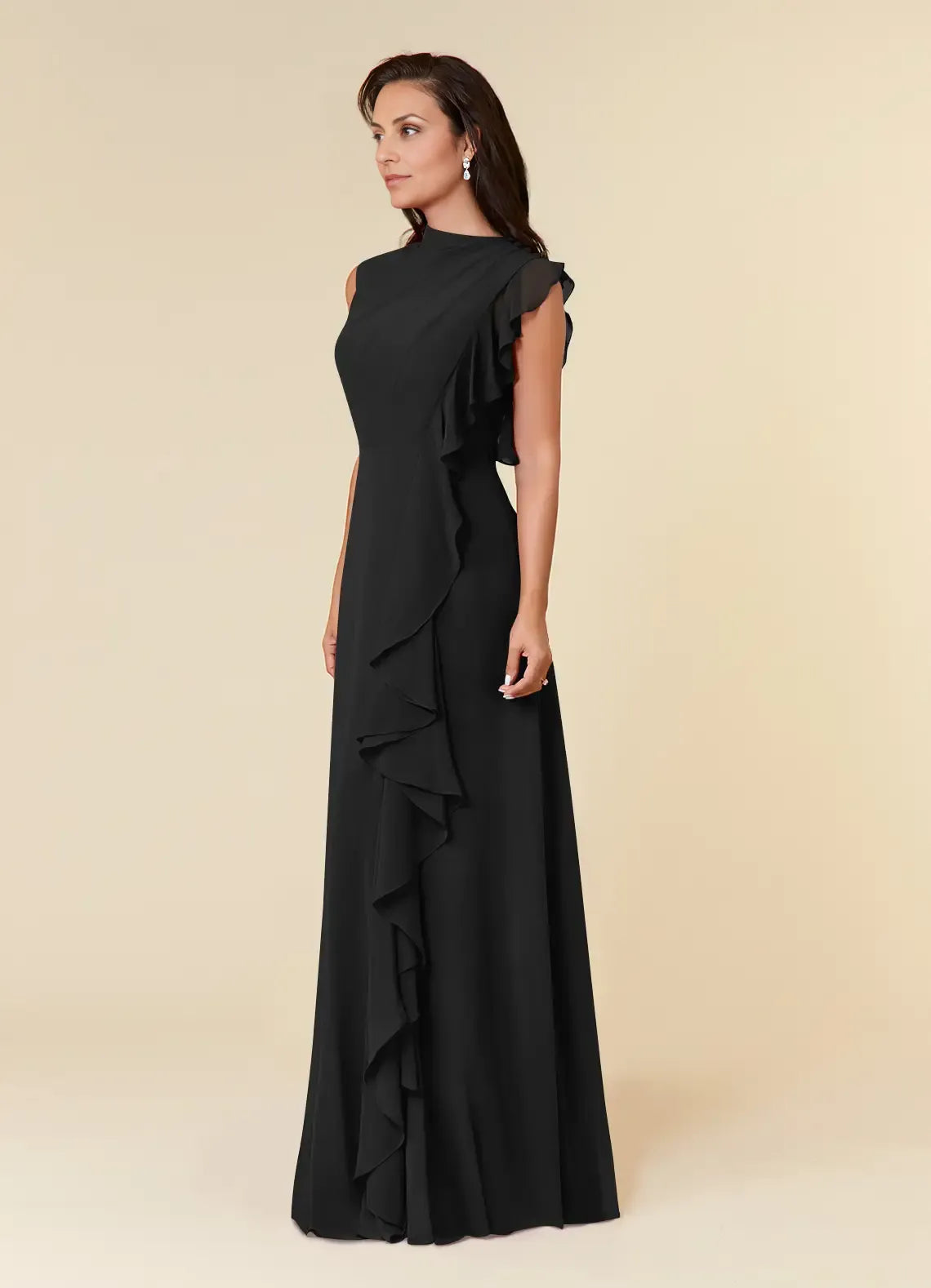 Robe Weitese noire à col haut en mousseline plissée, coupe trapèze, robe de soirée classique sans manches à volants en cascade, grande taille, pour mère de la mariée 