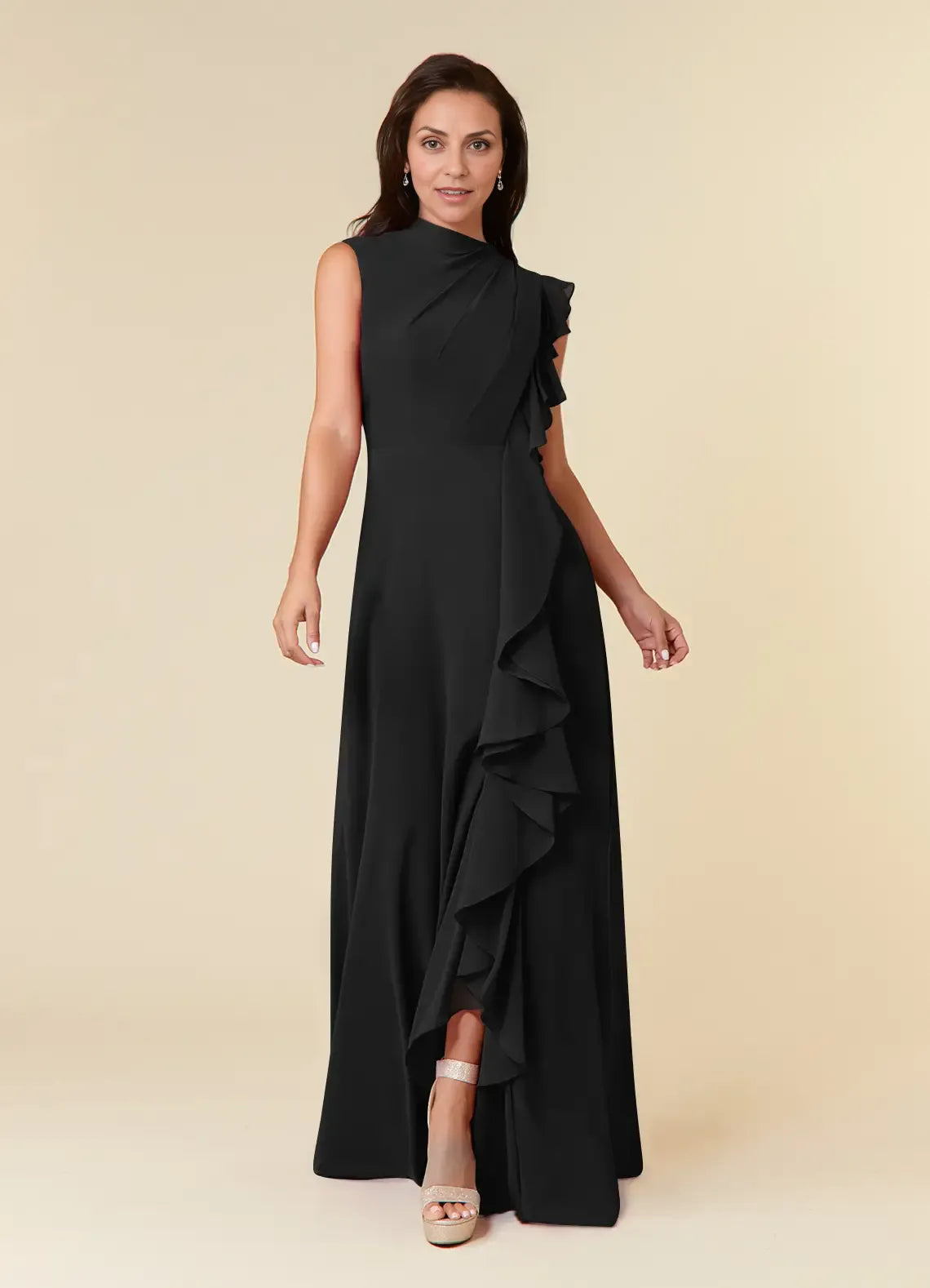 Robe Weitese noire à col haut en mousseline plissée, coupe trapèze, robe de soirée classique sans manches à volants en cascade, grande taille, pour mère de la mariée 