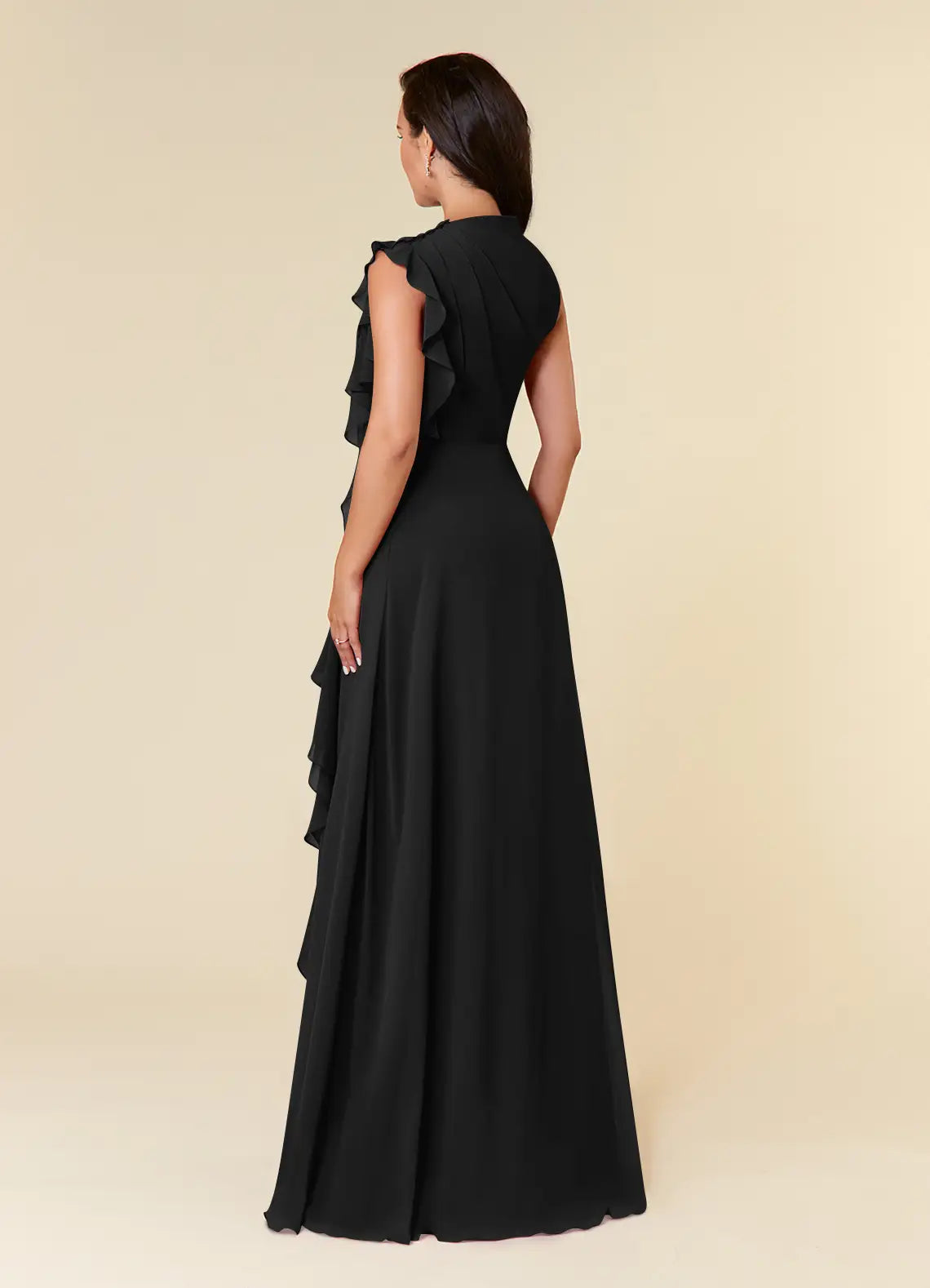 Robe Weitese noire à col haut en mousseline plissée, coupe trapèze, robe de soirée classique sans manches à volants en cascade, grande taille, pour mère de la mariée 