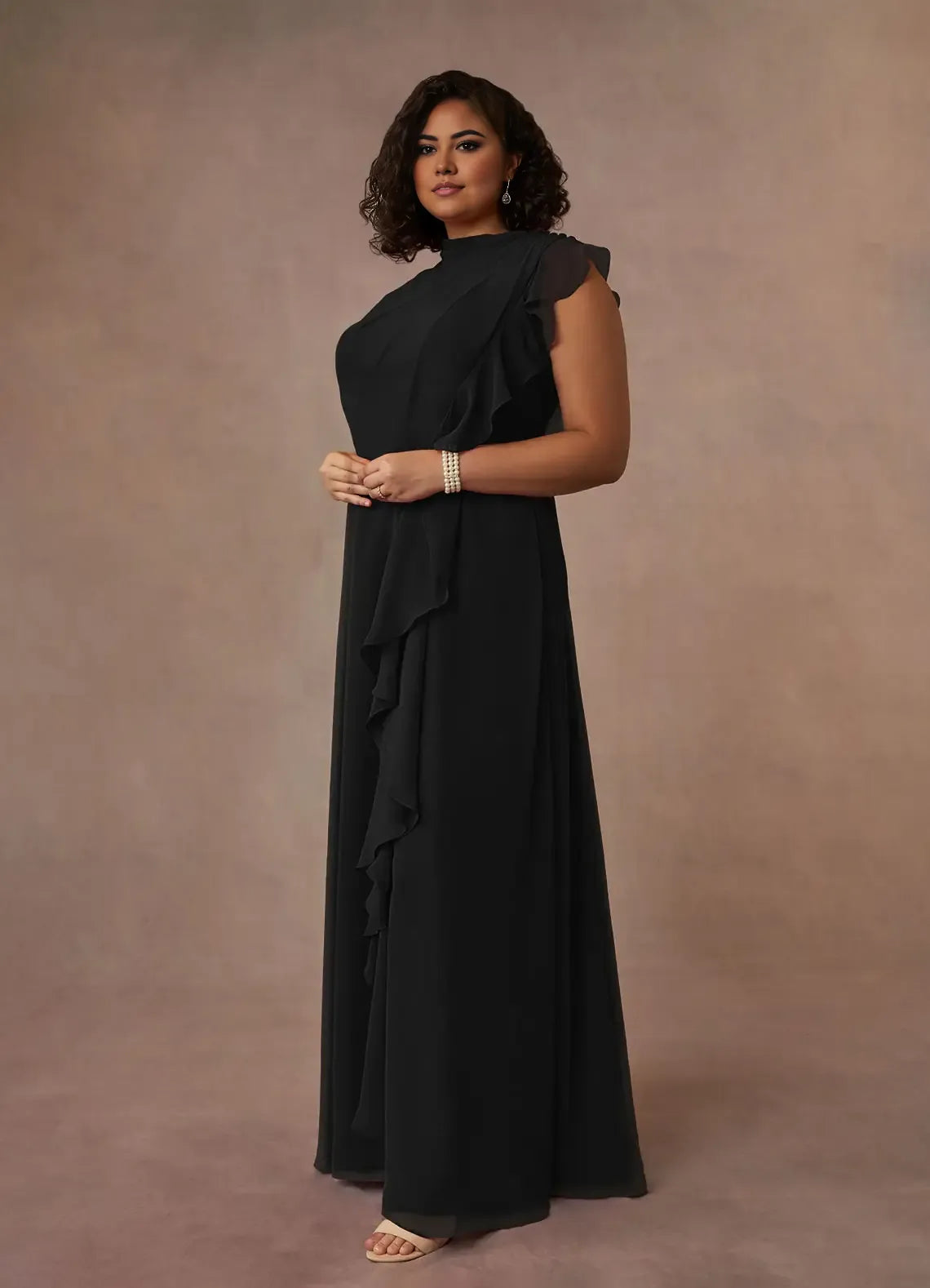 Robe Weitese noire à col haut en mousseline plissée, coupe trapèze, robe de soirée classique sans manches à volants en cascade, grande taille, pour mère de la mariée 