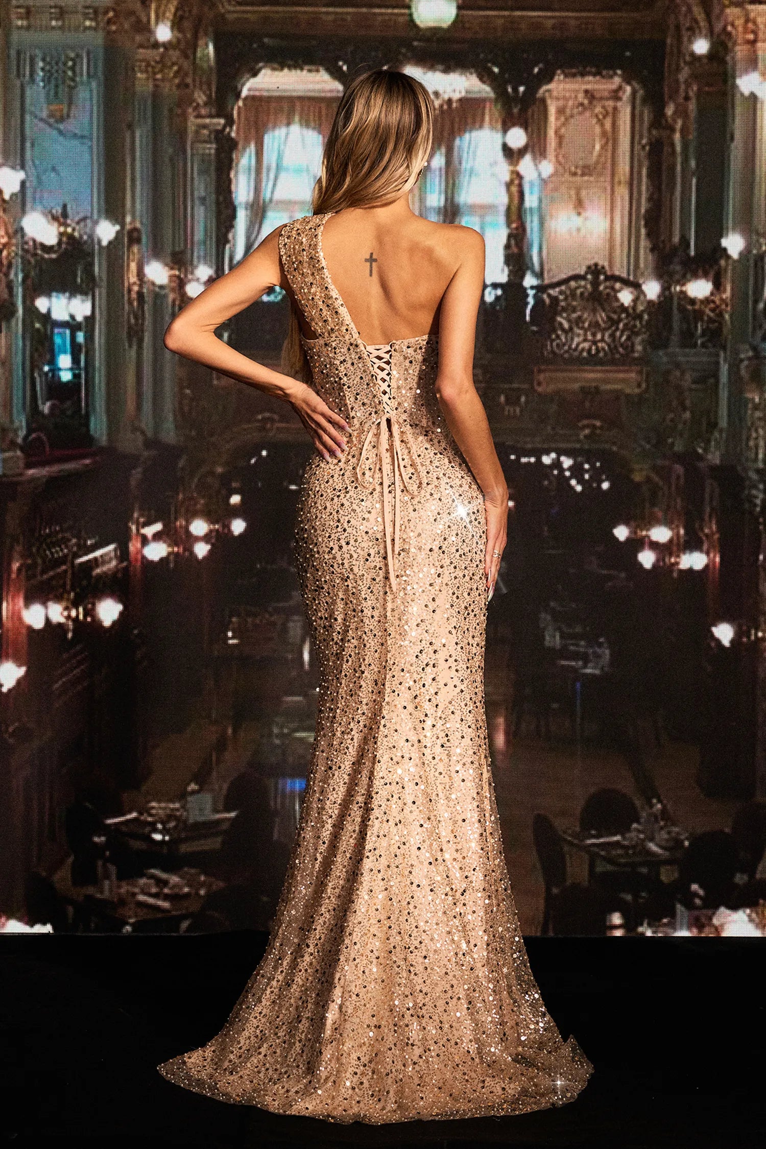 Weitese Dress High Slit Sequin Maxi Dress One Shoulder Strapless Corset Mermaid Train Prom Dress