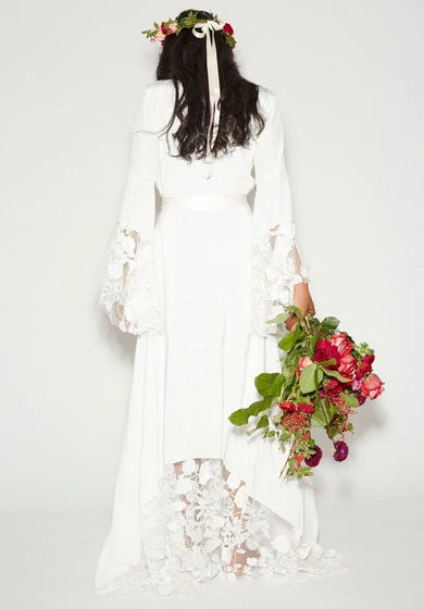 Weitese Dress Hippie Boho Flutter Long Sleeve V-Neck Lace Chiffon Vintage Simple Wedding Dress