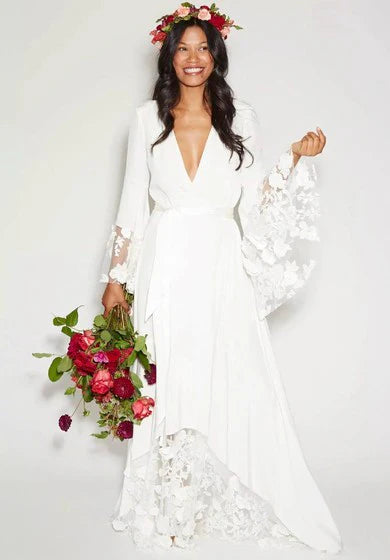 Weitese Dress Hippie Boho Flutter Long Sleeve V-Neck Lace Chiffon Vintage Simple Wedding Dress