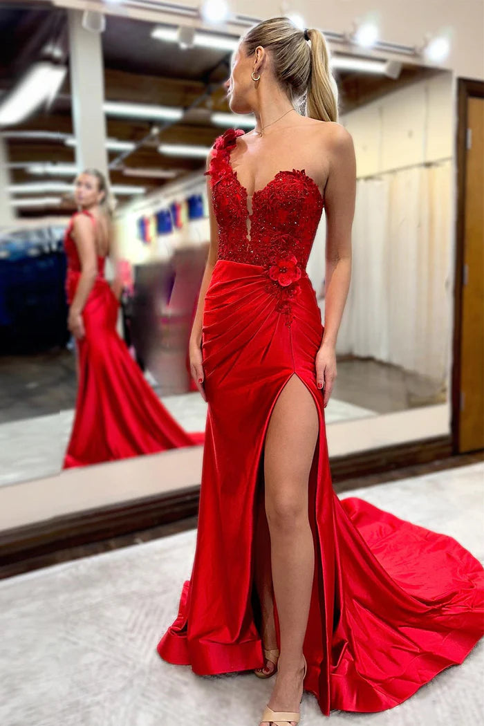 Weitese Dress Hot Mermaid One Shoulder Red Sweep Train Sleeveless Prom Dress With Appliques