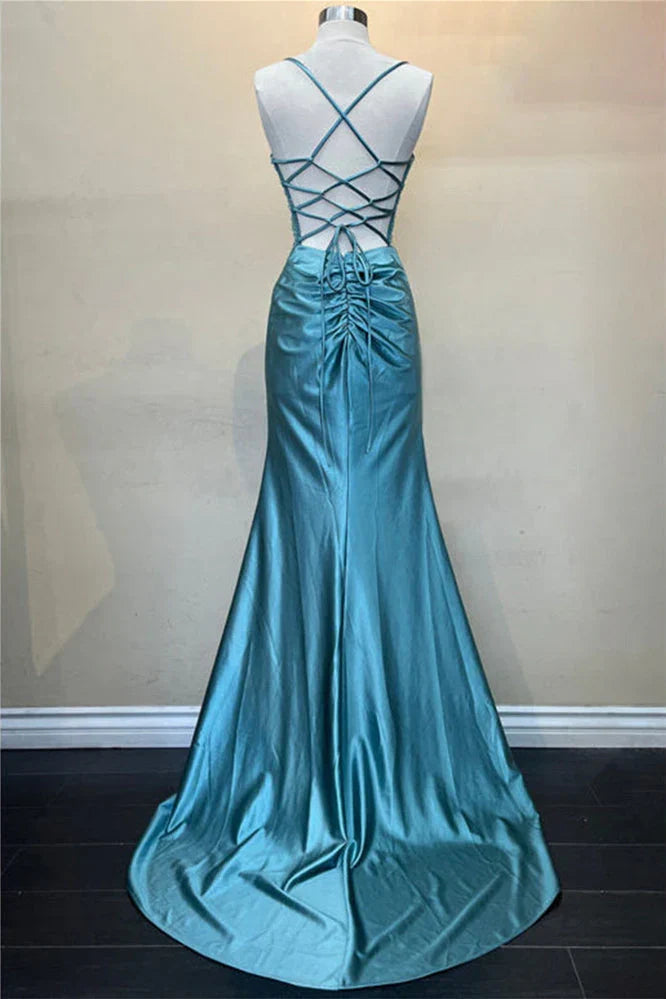 Weitese Dress Hot Mermaid Spaghetti Straps Green Long Prom Dress with Criss Cross Back