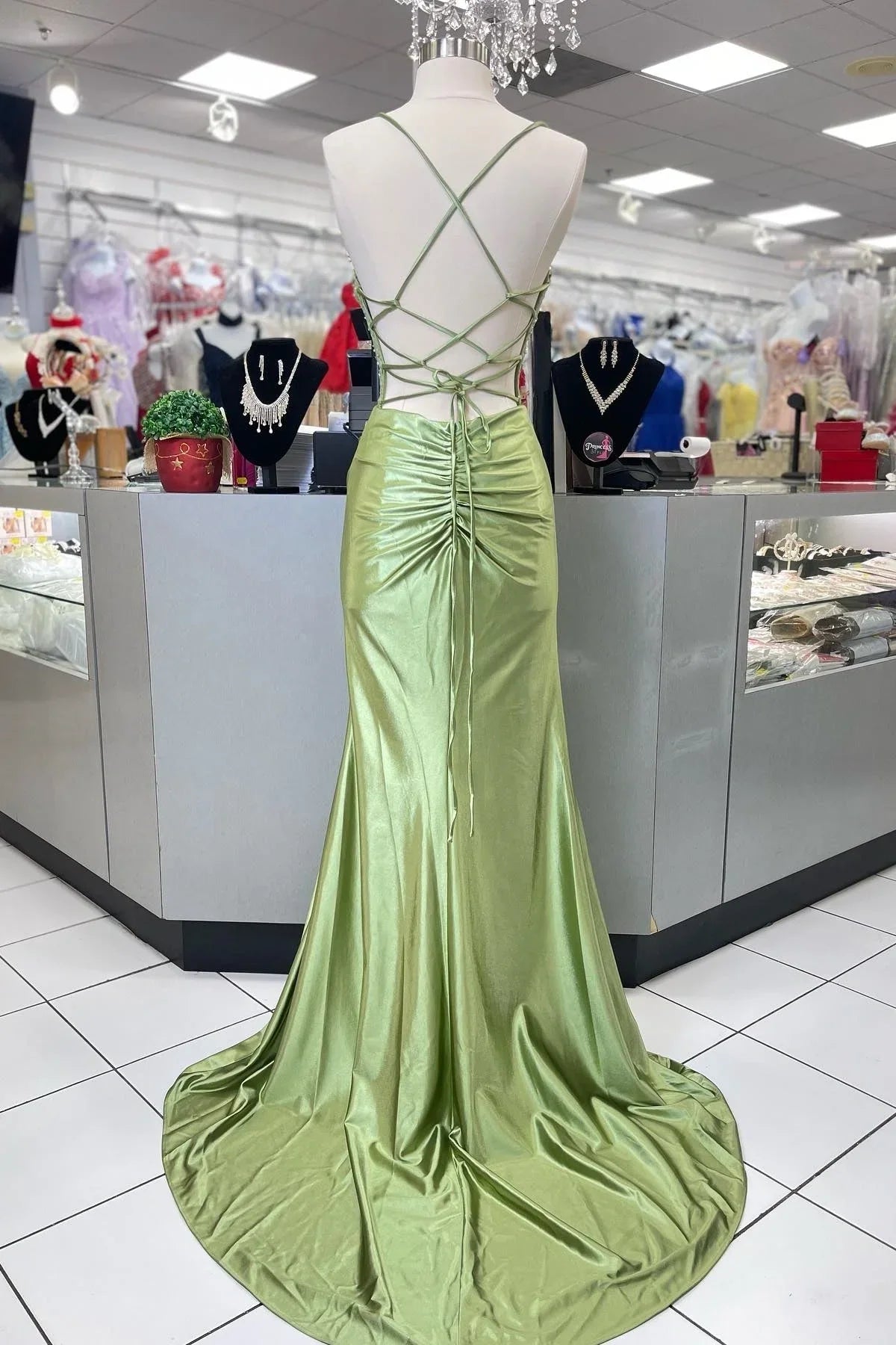 Weitese Dress Hot Mermaid Spaghetti Straps Green Long Prom Dress with Criss Cross Back