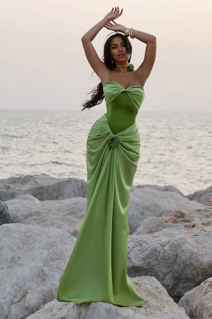 Vestido Weitese de corte sirena, escote corazón, verde, largo, para fiesta, con volantes, para graduación. 