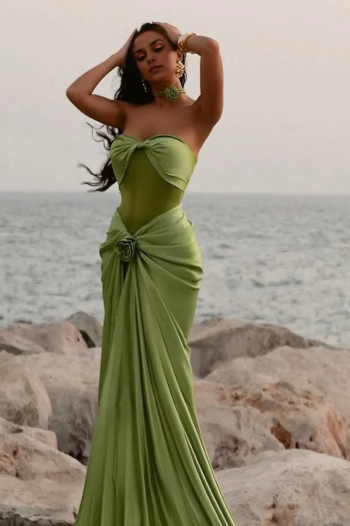 Vestido Weitese de corte sirena, escote corazón, verde, largo, para fiesta, con volantes, para graduación. 