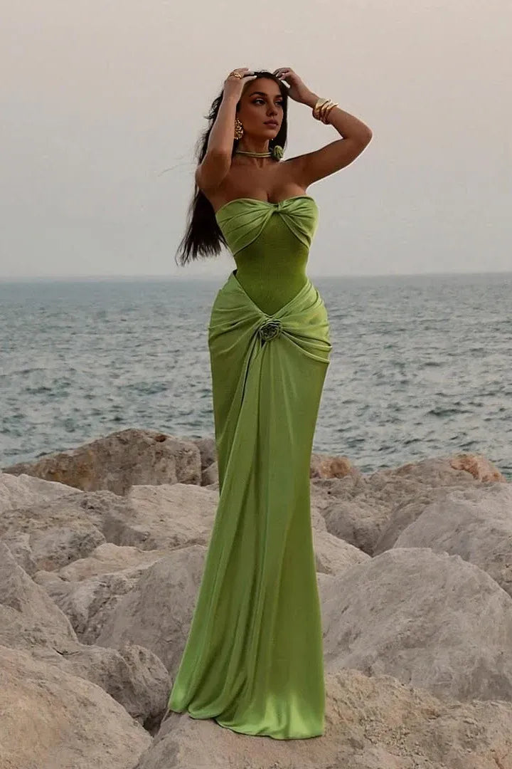 Vestido Weitese de corte sirena, escote corazón, verde, largo, para fiesta, con volantes, para graduación. 