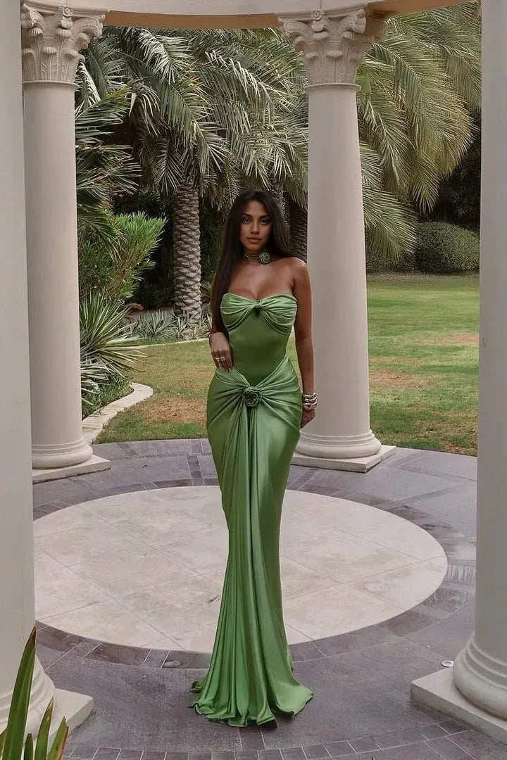 Vestido Weitese de corte sirena, escote corazón, verde, largo, para fiesta, con volantes, para graduación. 