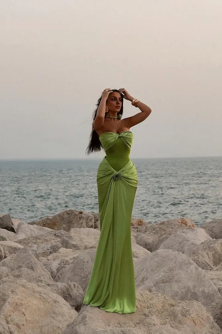 Vestido Weitese de corte sirena, escote corazón, verde, largo, para fiesta, con volantes, para graduación. 