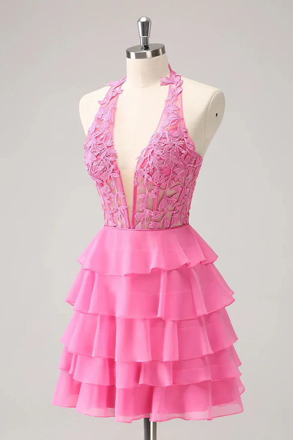 Vestido Weitese rosa intenso, corte A, sin tirantes, con corsé escalonado, bonito vestido de fiesta 