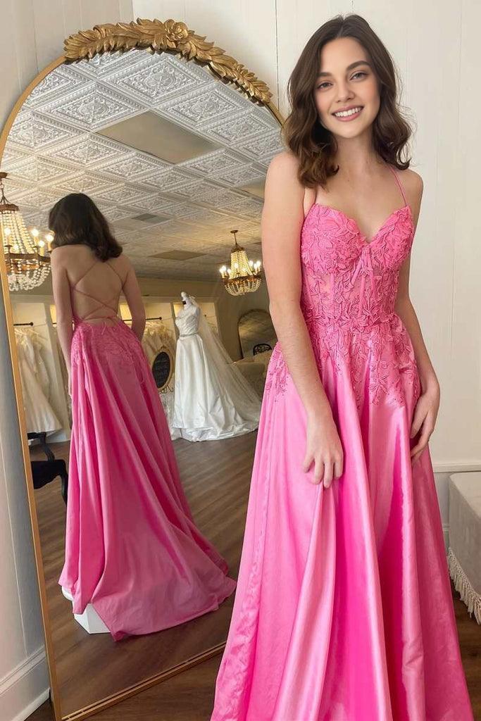 Robe de soirée trapèze rose vif à lacets et appliques florales 