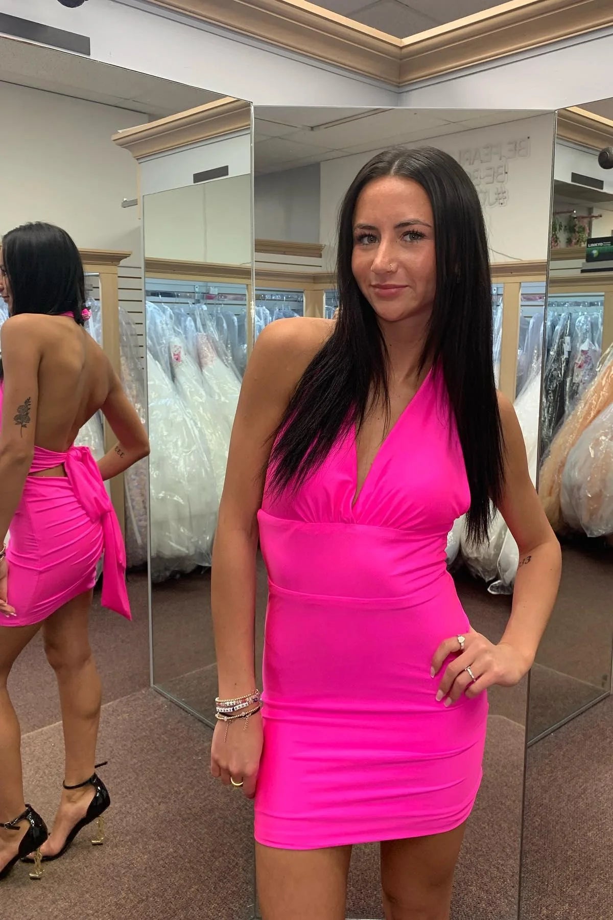 Weitese Dress Hot Pink Halter V Neck Open Back Tight Mini Dress Sleeveless Homecoming Dress