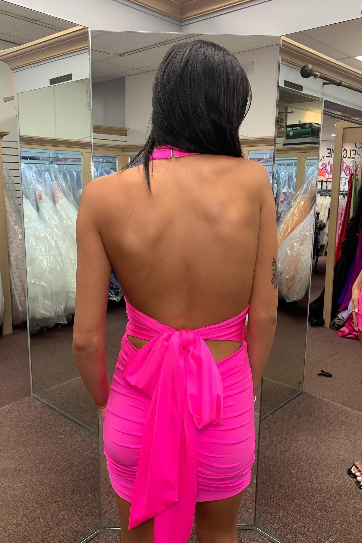Weitese Dress Hot Pink Halter V Neck Open Back Tight Mini Dress Sleeveless Homecoming Dress