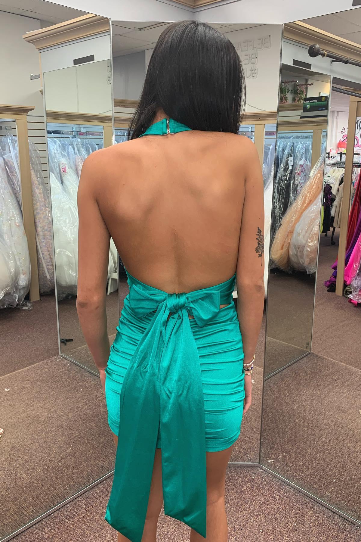 Weitese Dress Hot Pink Halter V Neck Open Back Tight Mini Dress Sleeveless Homecoming Dress