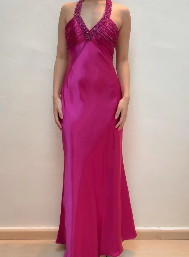 Weitese Dress Hot Pink Mermaid V Neck Beaded Satin Open Back Prom Dress Evening Dress Party Dress