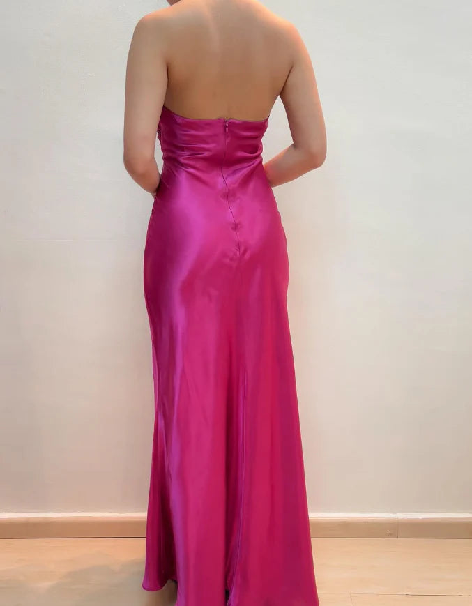 Weitese Dress Hot Pink Mermaid V Neck Beaded Satin Open Back Prom Dress Evening Dress Party Dress