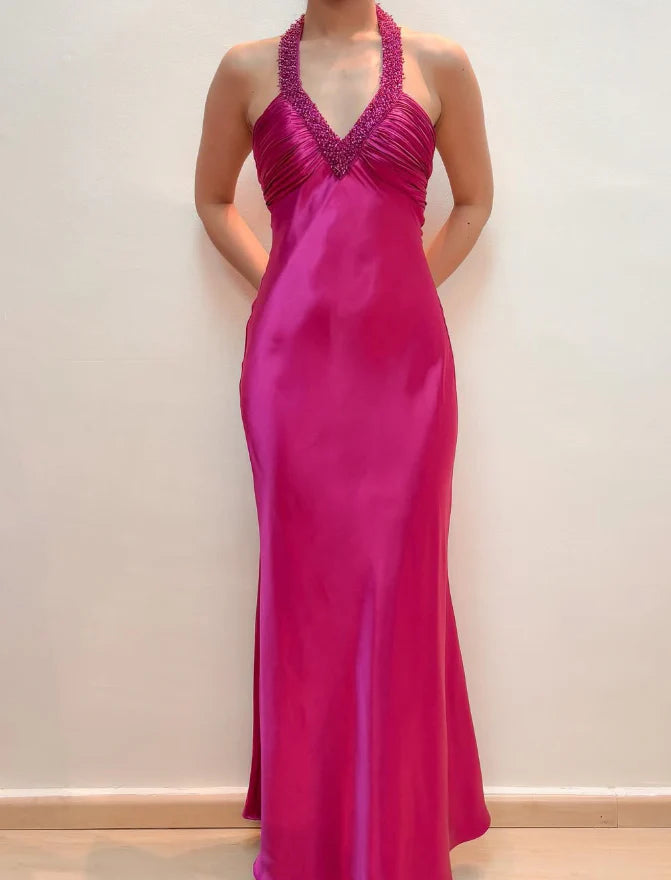 Weitese Dress Hot Pink Mermaid V Neck Beaded Satin Open Back Prom Dress Evening Dress Party Dress