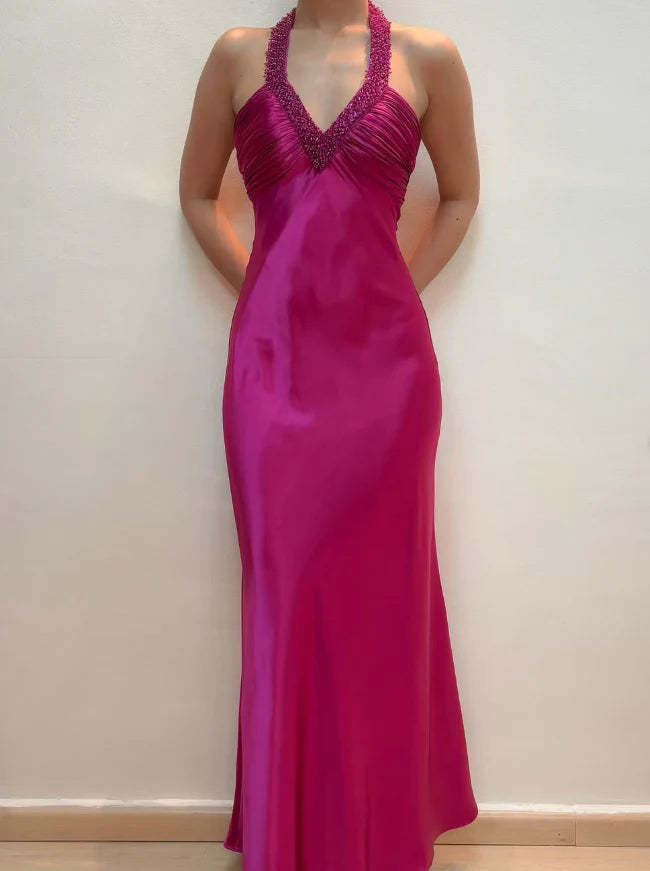 Weitese Dress Hot Pink Mermaid V Neck Beaded Satin Open Back Prom Dress Evening Dress Party Dress