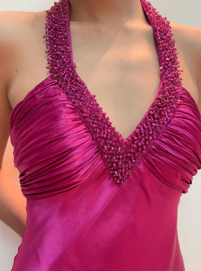 Weitese Dress Hot Pink Mermaid V Neck Beaded Satin Open Back Prom Dress Evening Dress Party Dress
