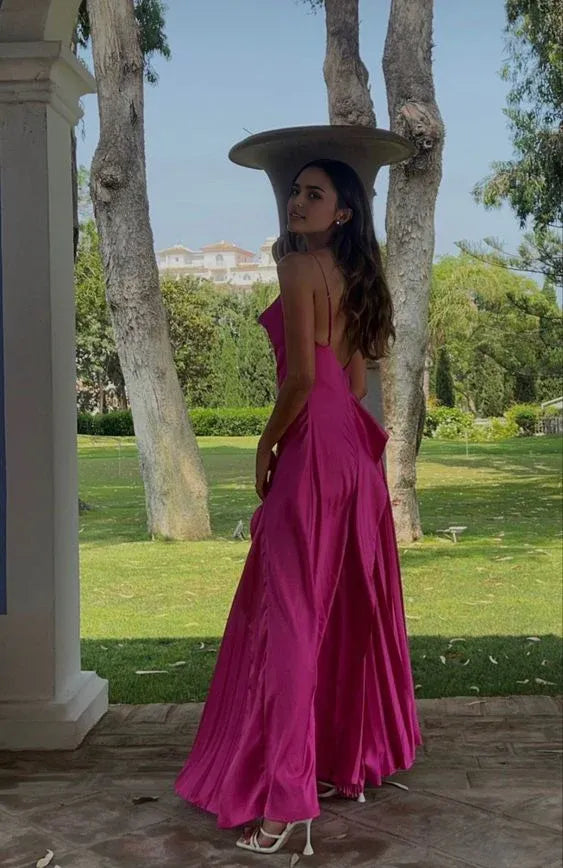 Weitese Dress Hot Pink Spaghetti Straps Satin A Line  Dress Prom Dress Sleeveless Party Dress