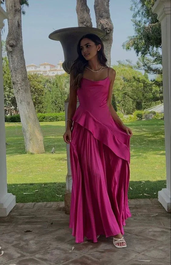 Weitese Dress Hot Pink Spaghetti Straps Satin A Line  Dress Prom Dress Sleeveless Party Dress