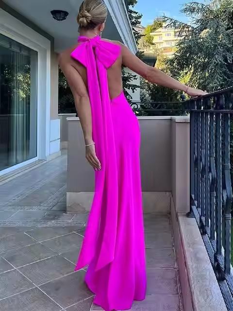 Robe longue rose vif pour femme, tenue de bal sexy, dos nu, épaules dénudées 